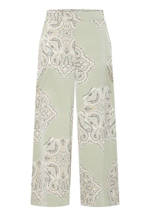 Palazzo-bukser lavet af let stof, med en grøn baggrund og detaljerede beige paisley-mønstre samt et vidde ben-design.