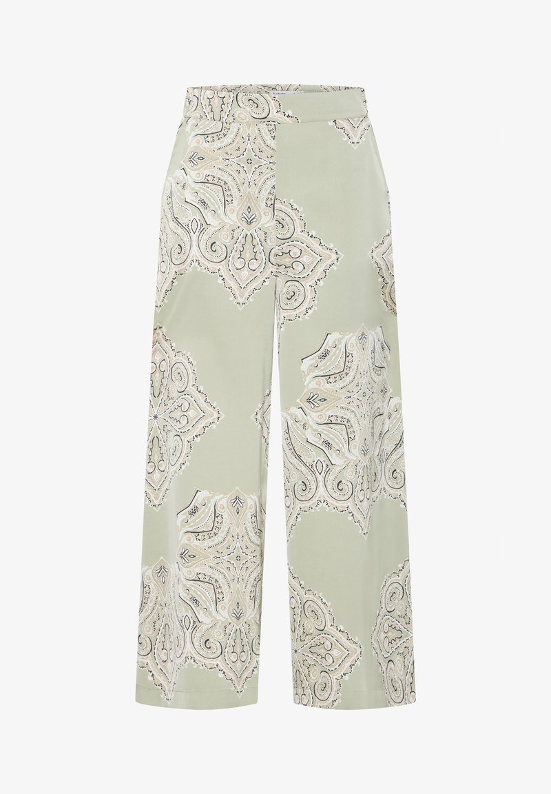 Pantalons palazzo en tissu léger, avec un fond vert orné de motifs paisley beiges complexes et une coupe évasée.