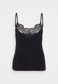 Zwarte tanktop met verstelbare spaghettibandjes, voorzien van een kantafwerking rond de halslijn en een zachte katoenstof.