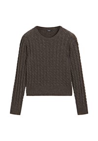 Maglione lavorato a maglia in marrone scuro, con maniche lunghe, scollo rotondo e orlo a coste. Tessuto testurizzato con un design accogliente.