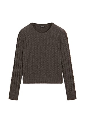 Cable-knit sweater in dark brown, featuring long sleeves, a round neckline, and ribbed hem. Textured fabric with a cozy design.