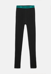 Black fitted leggings with teal elastic waistband featuring repeated "Helly Hansen" logo in black text.