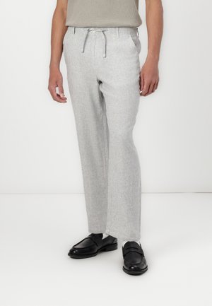 Light gray linen blend trousers with a relaxed fit, elastic waist and drawstring, featuring side pockets and a smooth texture.