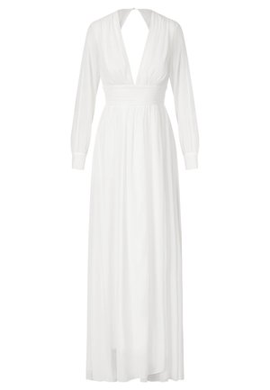 Robe maxi blanche avec un décolleté plongeant, des manches longues et un corsage ajusté, fabriquée dans un tissu fluide et léger.