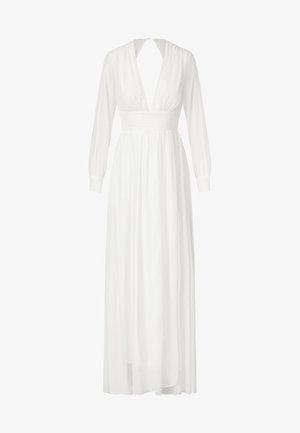 Robe maxi blanche avec un décolleté plongeant, des manches longues et un corsage ajusté, fabriquée dans un tissu fluide et léger.