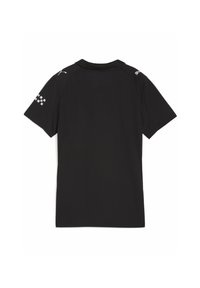 Sort atletisk T-shirt med korte ærmer, rund krave og Puma-logo på skulderen. Materialet har en glat tekstur og er designet til komfort.