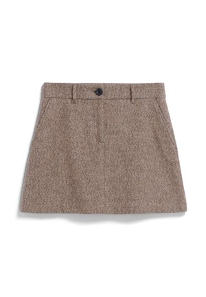 Brauner Tweed-Minirock mit Gürtelschlaufen, seitlichen Taschen und einem einzelnen schwarzen Knopfverschluss an der Taille.
