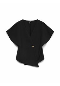 Czarny top zapinany w talii wykonany z lekkiego materiału, z krótkimi rękawami w kształcie skrzydełek, dekoltem w kształcie litery V i złotym guzikiem jako akcentem. Gładka tekstura, minimalistyczny design.