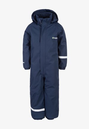 Combinaison de neige pour enfants bleu marine avec capuche, poignets élastiques, fermeture éclair frontale recouverte d'un rabat et bandes réfléchissantes sur la manche et la jambe du pantalon.