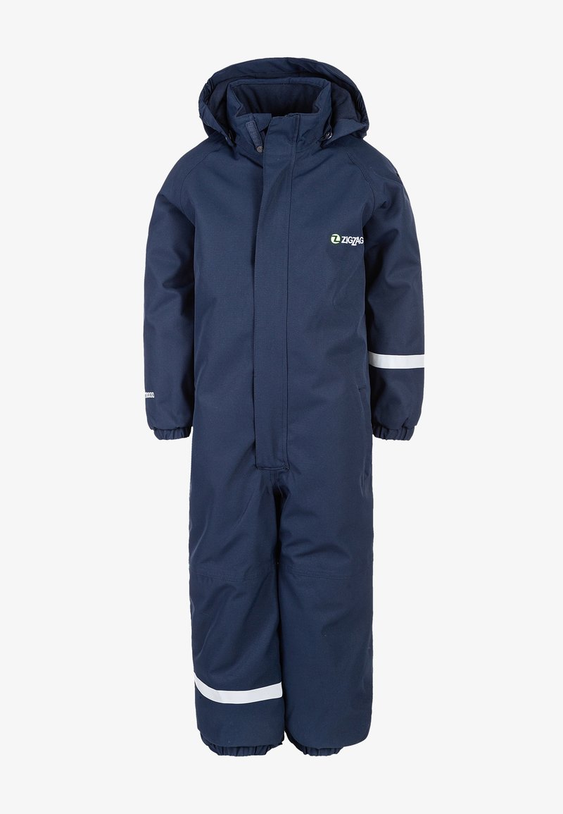 Combinaison de neige pour enfants bleu marine avec capuche, poignets élastiques, fermeture éclair frontale recouverte d'un rabat et bandes réfléchissantes sur la manche et la jambe du pantalon.