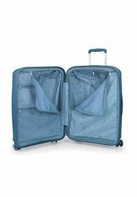 Blauer Hartschalenkoffer mit zwei Reißverschlussfächern, Innenraumstaufächern aus Netz und einem ausziehbaren Griff für einfachen Transport.