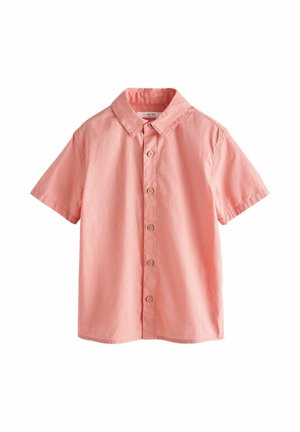 Chemise à manches courtes pour homme en corail clair avec col classique et boutons en bois sur le devant.