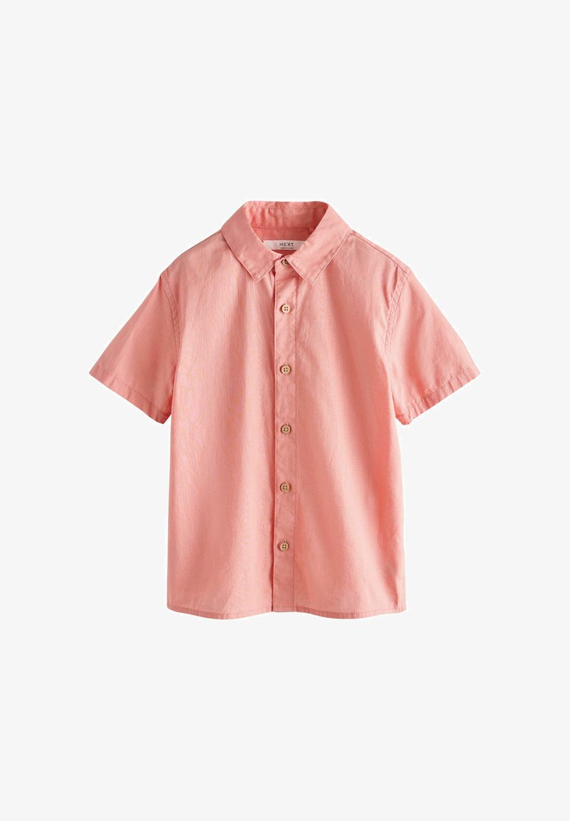 Chemise à manches courtes pour homme en corail clair avec col classique et boutons en bois sur le devant.
