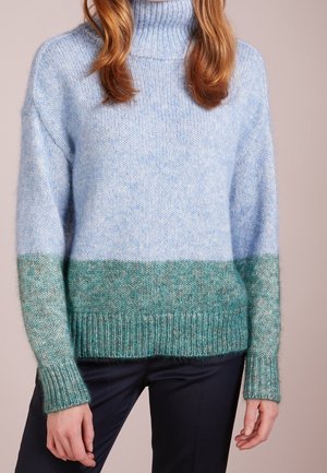 Woman wearing a light blue and green knitted turtleneck sweater with long sleeves, paired with black pants.