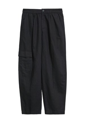 Black cargo pants with elastic waistband, button closure, side pockets, and a large flap pocket on the left leg.
