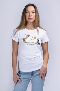 White cotton t-shirt featuring a gold foil print of a lion and "Lonsdale London" text. Fitted design with a classic crew neckline.
