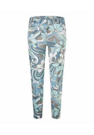 Pantalones estampados con un diseño floral en azul claro y blanco sobre un fondo gris. La tela es suave y tiene una silueta ajustada.