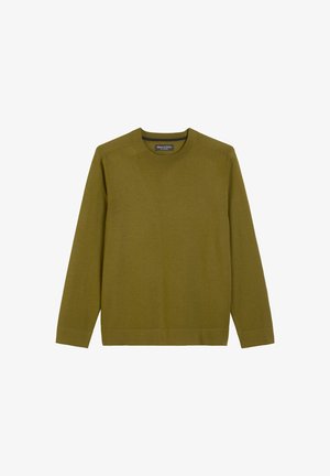 Maglione lungo verde oliva a maniche lunghe con colletto tondo, bordo e polsini a costine, realizzato in tessuto morbido con una trama uniforme e orlo dritto.