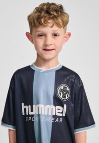 Mörkblå och ljusblå randig fotbollströja med rund hals, med "hummel"-logotyper och en cirkulär emblem på vänster bröstområde.