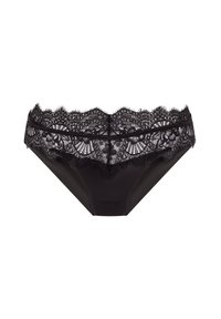 Zwarte kanten slip met een delicate geschulpte kantafwerking aan de taille, een soepel stoffen lijfje en ingewikkelde bloemenkant details.