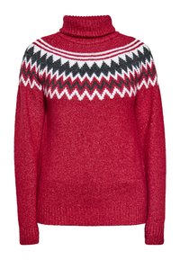 Roter Strickpullover mit hohem Stehkragen, der ein weißes, schwarzes und grünes Zickzackmuster an der Oberseite sowie gerippte Bündchen und Saum aufweist.