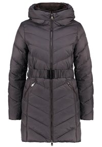 Padded gray thermal coat with a chevron pattern, zippered front, hood, and a belted waist. Features two side zip pockets.