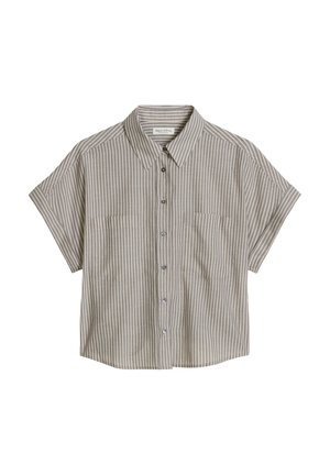 Short-sleeve button-up shirt with vertical gray and beige stripes, two front pockets, and a pointed collar.