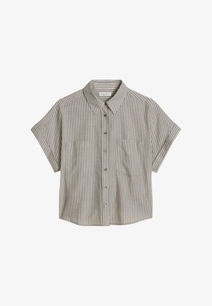 Chemise à manches courtes boutonnée avec rayures verticales grises et beiges, deux poches avant et col pointu.