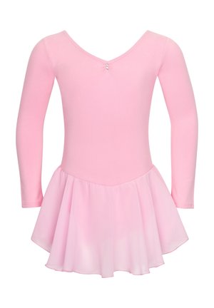 Pink long-sleeve ballet dress with a fitted bodice and flowing skirt. Features a V-neckline and three decorative buttons at the back.