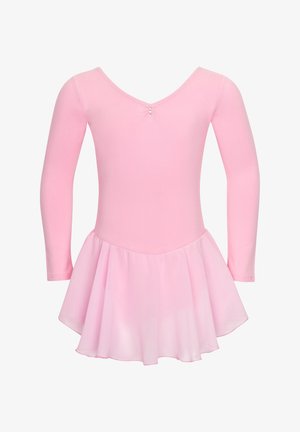Rosa langärmliges Ballettkleid mit tailliertem Oberteil und fließendem Rock. Verfügt über einen V-Ausschnitt und drei dekorative Knöpfe auf der Rückseite.