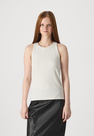 Light grey ribbed tank top with wide shoulder straps and a round neckline, paired with a black leather skirt. Smooth texture and fitted design.