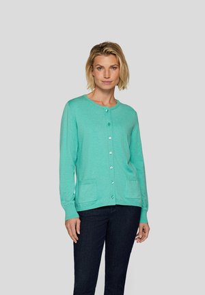 Turquoise cardigan made of soft knit material, featuring a round neckline, long sleeves, front button closure, and two patch pockets.
