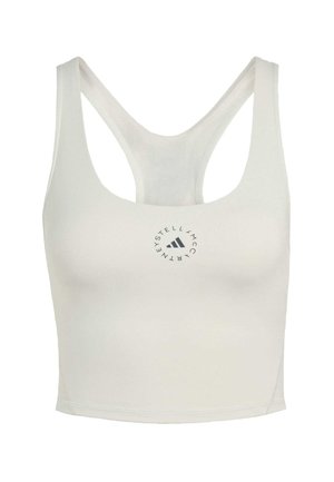 Witte racerback sportbeha met een rond logo centraal aan de voorkant met tekst en een klein driehoekig ontwerp.