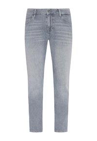 Jeans in denim azzurro chiaro con taglio dritto, texture leggermente sbiadita, design a cinque tasche e chiusura a bottone metallico.