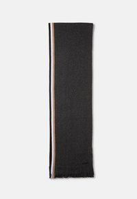 Cachecol preto com extremidades franjadas, apresentando riscas verticais em castanho claro e branco de um lado. Feito de um tecido suave com uma textura lisa.