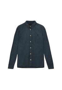 Camicia a maniche lunghe di colore blu scuro, realizzata in cotone, con colletto button-down, bottoni sul davanti e un piccolo logo sul petto.