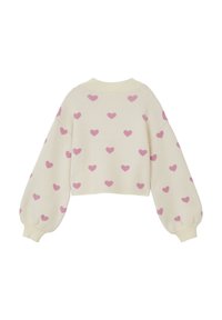 Crème trui met roze hartpatronen, ballonnenmouwen en een geribde halslijn. Het cropped ontwerp voegt een moderne touch toe.