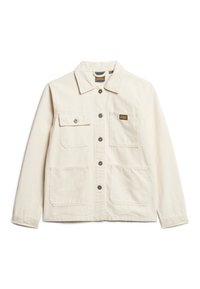 Beige bomuldsjakke med krave, frontlukning med knapper og to brystlommer, udstyret med et lille mærkelogo og en afslappet pasform.