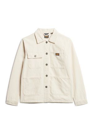 Beige katoenen jack met een kraag, sluiting met knopen aan de voorkant en twee borstzakken, met een klein merkembleem en een relaxte pasvorm.