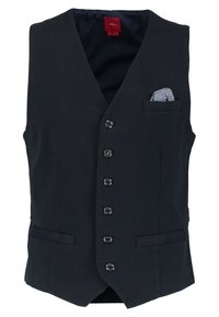 Schwarze Weste mit Reverskragen, sechs schwarzen Knöpfen und zwei vorderen Taschen. Mit einem blauen Einstecktuch in der Brusttasche.