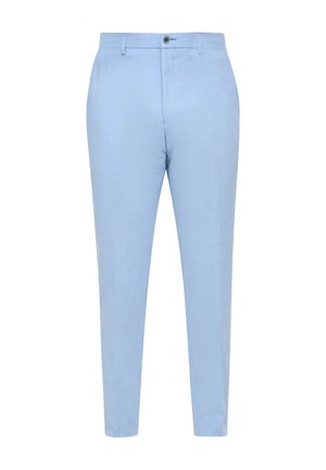 Lichtblauwe broek gemaakt van een gestructureerde stof, met een knoopsluiting en een slim fit ontwerp. Glad afgewerkt zonder zichtbare patronen.