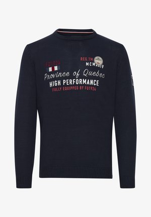 Marineblå strikket sweater med rund hals, prydet med rød og hvid tekst, broderet badge påærmet samt ribbede manchetter og kant.