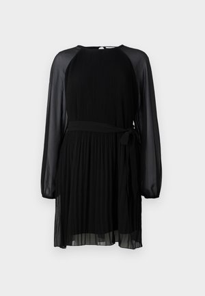 Rochie neagră cu un design pliat, mâneci lungi din material transparent, guler rotund și o curea asortată în talie. Material ușor.