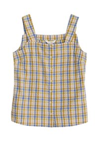 Top senza maniche a scacchi nei colori giallo, blu e bianco. Presenta una scollatura quadrata, chiusura a bottoni sul davanti e tessuto strutturato.