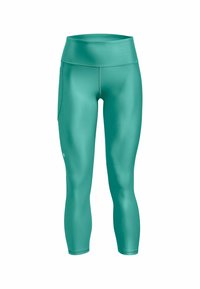 Turkusowe legginsy do jogi wykonane z gładkiego, elastycznego materiału. Posiadają szeroki pas i kieszeń boczną. Dopasowane do ciała z długością 3/4.