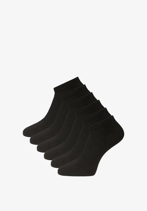 Czarne skarpetki do kostki wykonane z miękkiej mieszanki bawełny, o gładkiej fakturze i ściągaczu z prążkowanym wzorem, zapakowane w zestaw pięciu par.