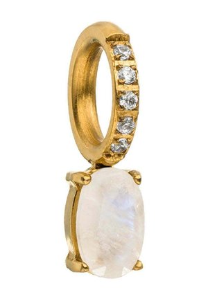 Gold earring with a row of five small clear gemstones on the hoop and a large oval white stone dangling below.