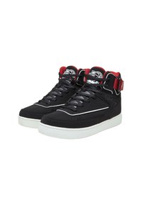 Zwart suède hoge sneakers met witte accenten. Voorzien van een gepolsterde kraag, vetersluiting en verstelbare band. Rubberen zool.