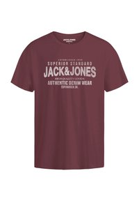 Maroon cotton t-shirt with short sleeves and a crew neck. Features white text branding: "JACK & JONES" and additional details.