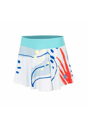 Jupe blanche évasée avec une large ceinture turquoise, présentant des formes abstraites bleues, jaunes et rouges ainsi qu'un petit logo circulaire.